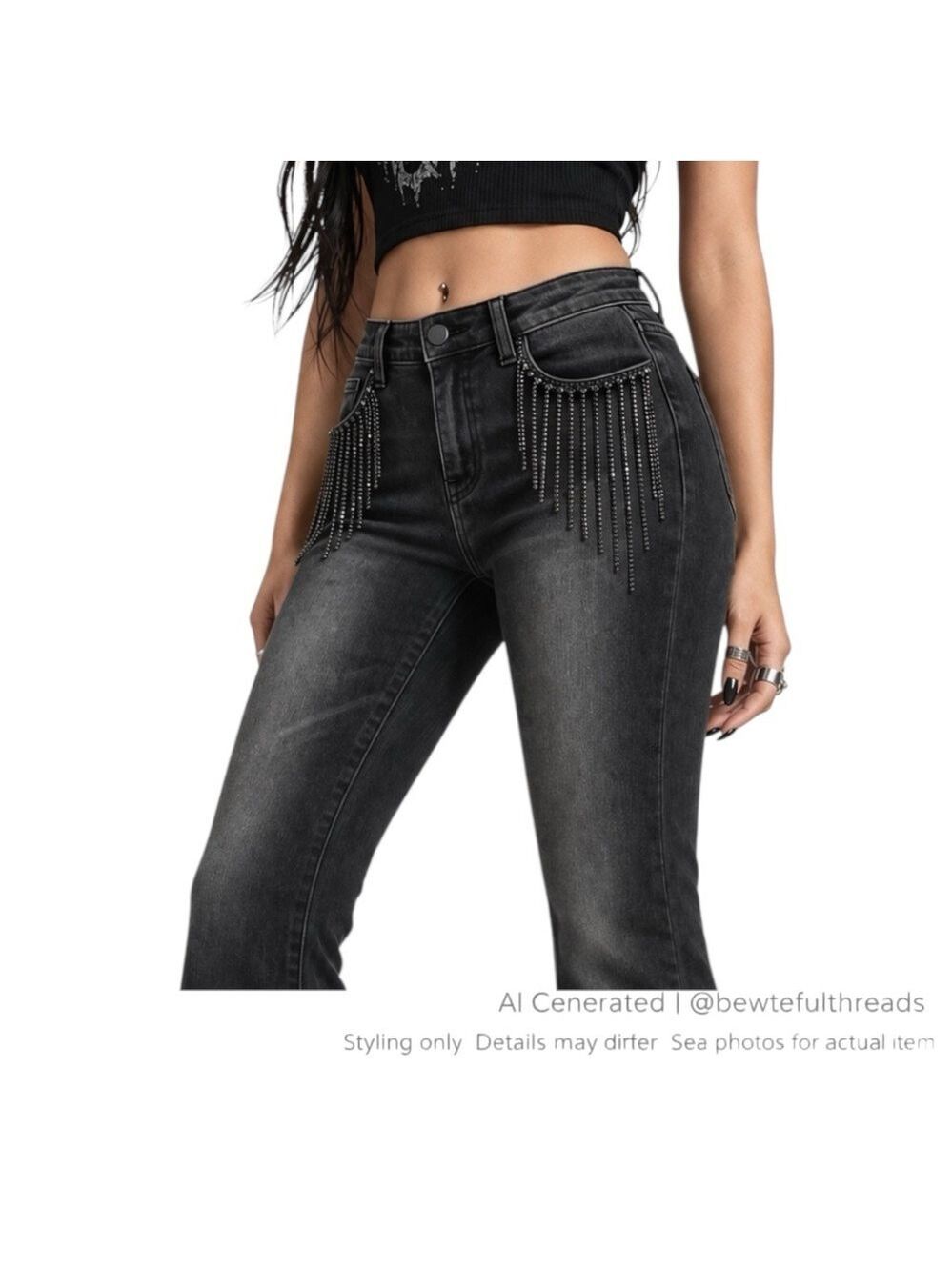 Royalty For Me Fringe Flare Jeans Black Acid Wash Bootcut Festival Goth